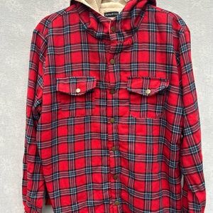 Something Borrowed Women's Red Sherpa Plaid Snap Front Hooded Shacket Jacket L